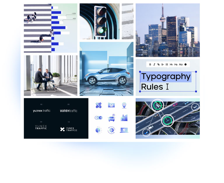 Eine Collage zeigt Beispiele aus der von SNK umgesetzten Markenentwicklung von Yunex.