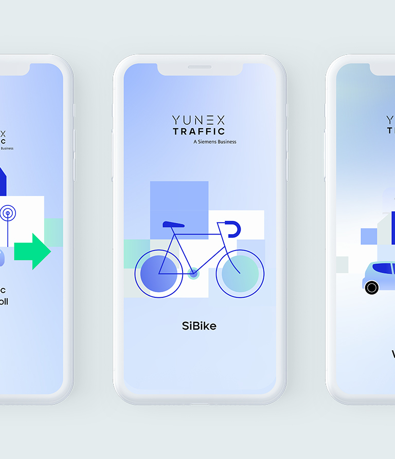 Zu sehen sind mobile Devices mit einer App im neuen Markendesign von Yunex Traffic, entwickelt von der Designagentur SNK